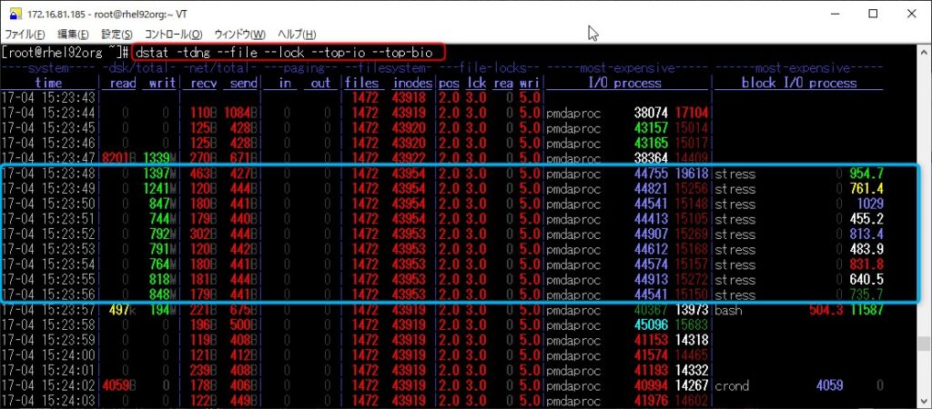 dstat -tdng --file --lock --top-io --top-bio
■「stress --cpu 2 --io 1 --vm 2 --vm-bytes 512M --hdd 2 --hdd-bytes 1G --timeout 10」を実行してCPU/メモリ/Disk I/Oに負荷をかけた状態
