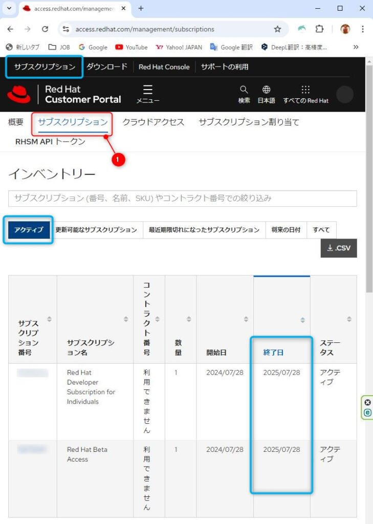 １．新しいサブスクリプション番号が付与されて「終了日」が1年後になっていることを確認する